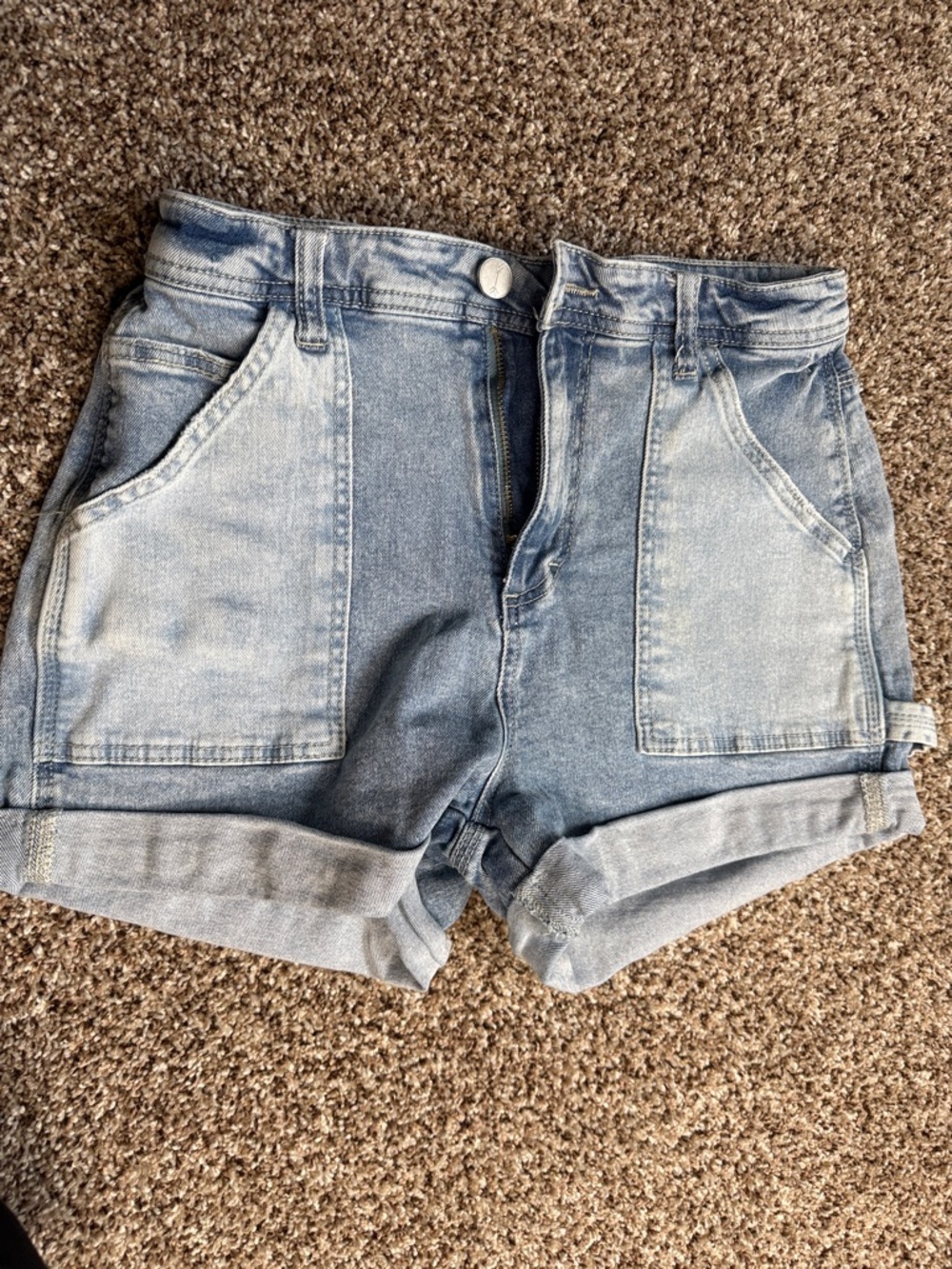High-Rise Two-Tone Light Blue Denim Shorts